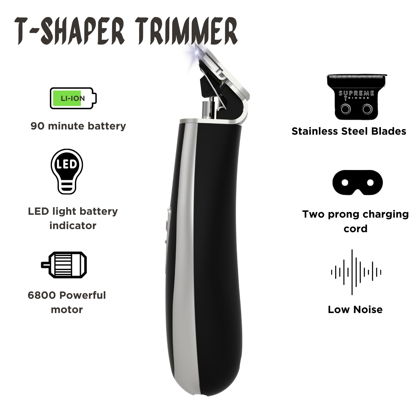 Supreme Trimmer T Shaper Liner Trimmer for Men | Cordless Trimmer for Sensitive Skin, Kids & Elderly | Low Noise Beard Trimmer, Zero Gap Barber Trimmer (Silver)