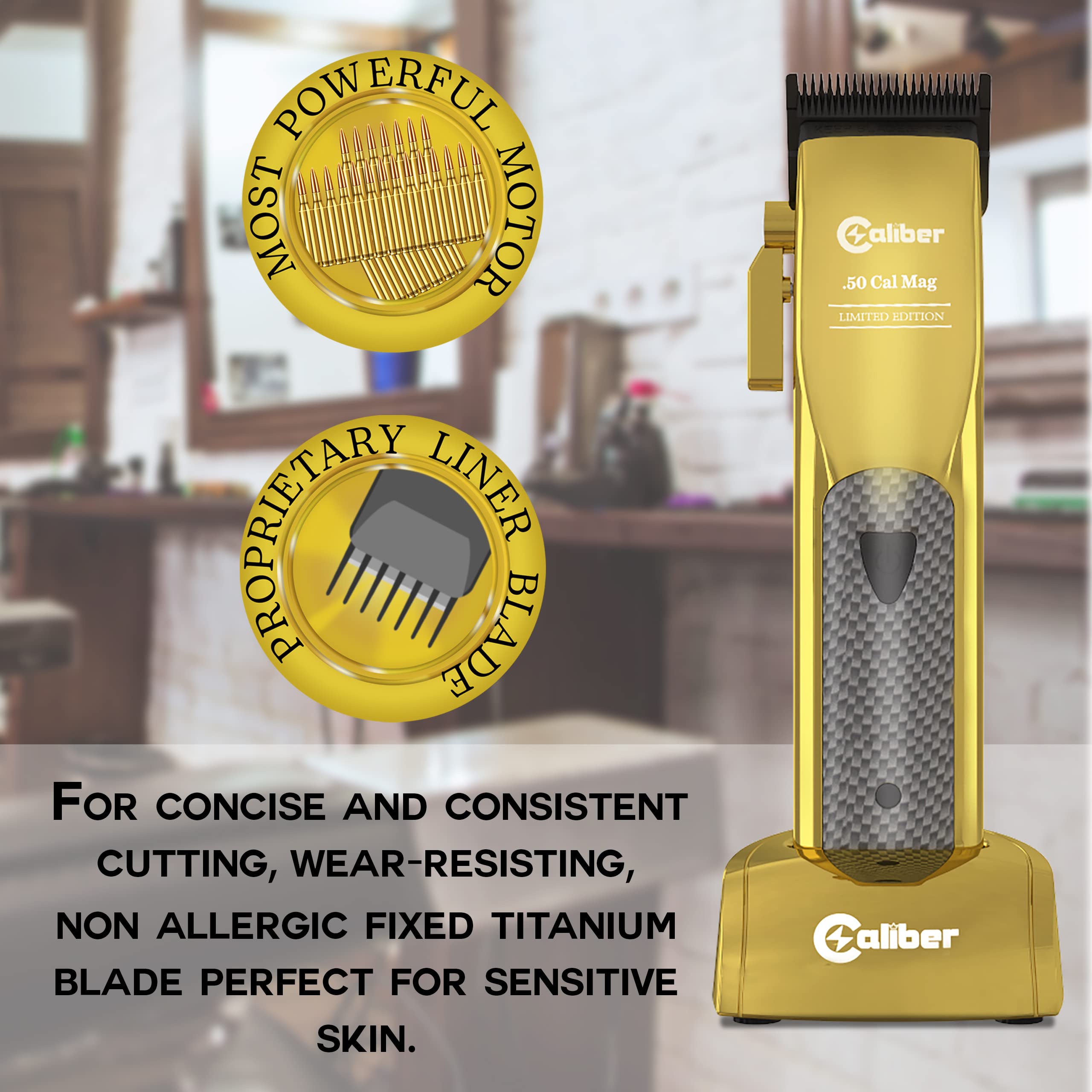 Caliber .50 Cal Limited Edition Clipper - Long Lasting 8+ Hours of Power - Ultra Low Noise Technology - Rechargeable Powerful Battery - Easy Zero Gap Cut - Hair Grooming Tool for Men (Gold)