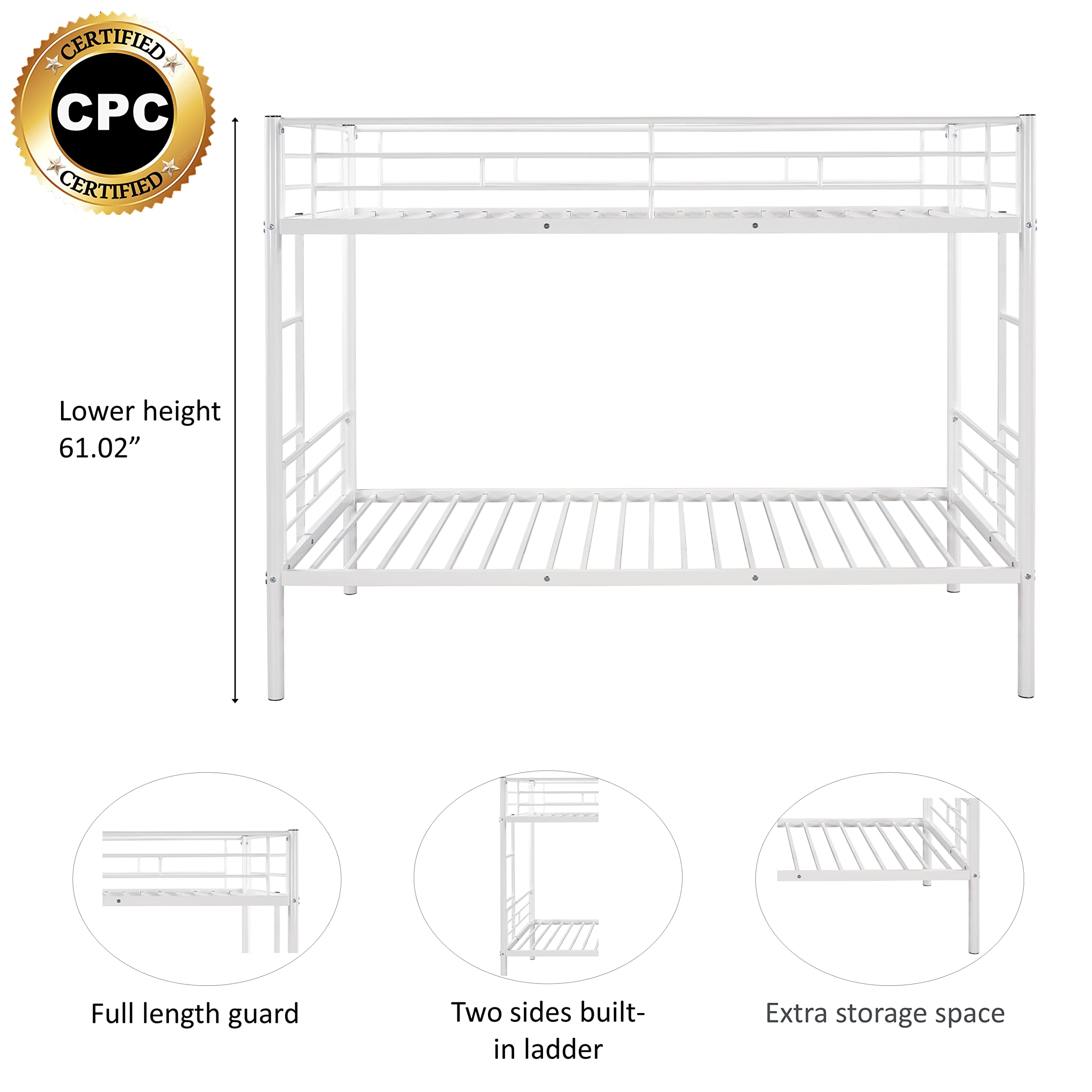 HomJoones Metal Bunk Bed Twin Over Twin Sturdy Heavy Duty Bunk Beds with 2 Side Ladders,Space Saving,No Box Spring Needed,for Boys Girls Teens Adults, Bedroom, Dormitory (White)