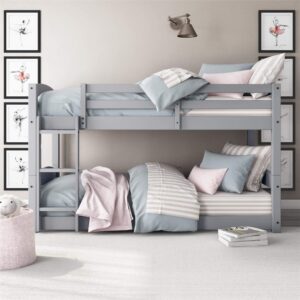 dhp phoenix convertible low wood floor bunk bed, stackable and detachable bed frames for kids, solid wood, with ladder, high guardrail, wood slats, no boxspring required, twin-over-twin, gray