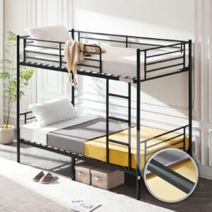 vingli bunk bed twin over twin for kids, teens & adults bunk bed with stairs & flat rungs, heavy duty metal slats, no box spring needed, black