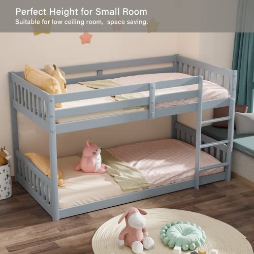 JOYMOR Twin Over Twin Bunk Bed for Kids Children Teens, Solid Wood Bunk Bed Frame with Ladder and Guard Rail Space Saving Beds Frames for Bedroom, Gray (Mattress not Included)