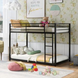 INCLAKE Twin Over Twin Bunk Bed, Heavy Duty Metal Bunk Bed Frame with Built-in Ladder and Safety Guard Rail, Low Bunk Bed for Teens Adults, Noisy Free & No Box Spring Needed, Black