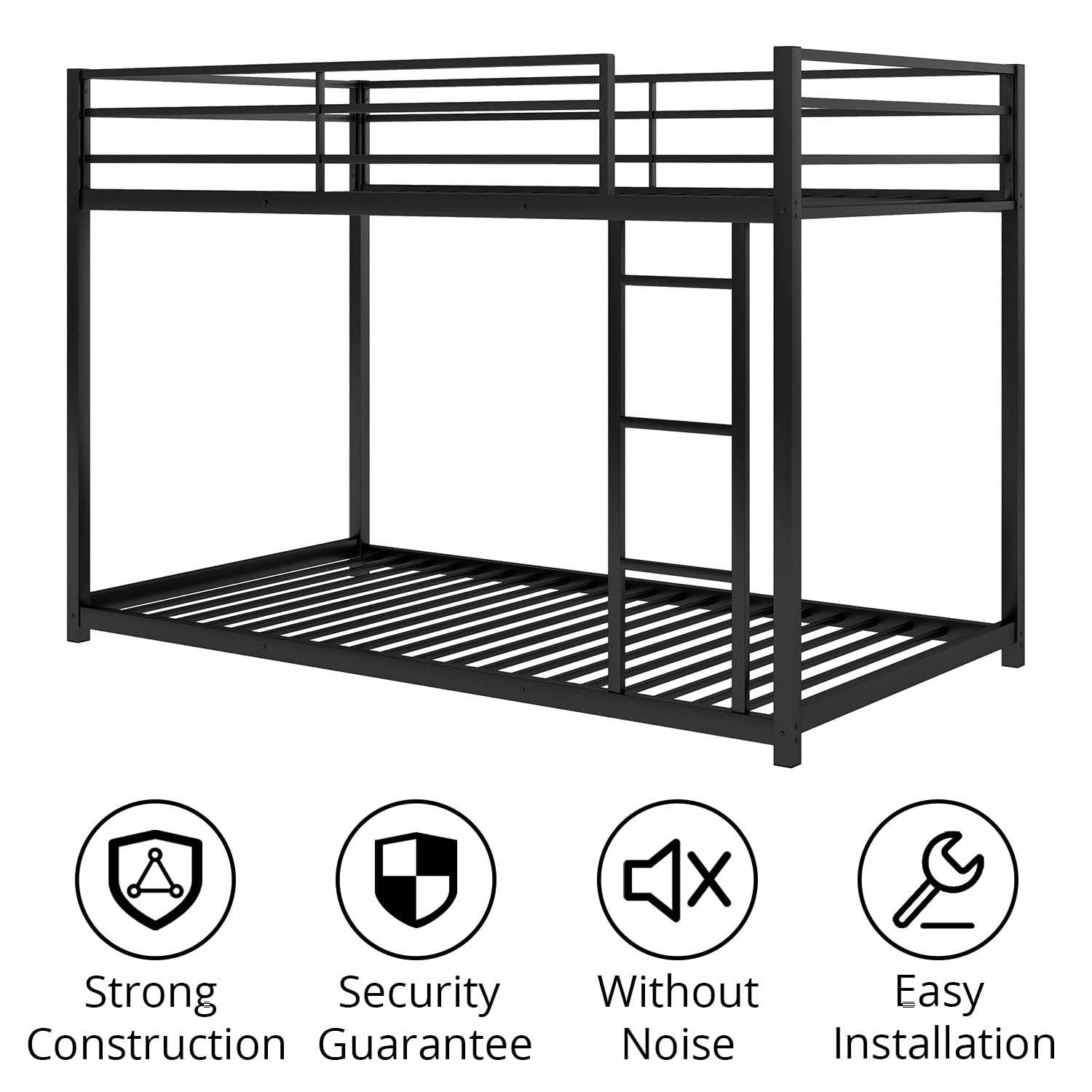 INCLAKE Twin Over Twin Bunk Bed, Heavy Duty Metal Bunk Bed Frame with Built-in Ladder and Safety Guard Rail, Low Bunk Bed for Teens Adults, Noisy Free & No Box Spring Needed, Black