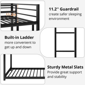 INCLAKE Twin Over Twin Bunk Bed, Heavy Duty Metal Bunk Bed Frame with Built-in Ladder and Safety Guard Rail, Low Bunk Bed for Teens Adults, Noisy Free & No Box Spring Needed, Black