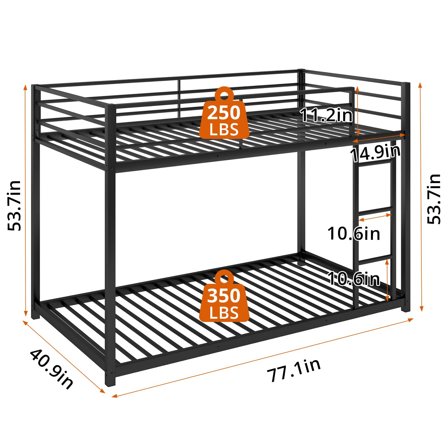 INCLAKE Twin Over Twin Bunk Bed, Heavy Duty Metal Bunk Bed Frame with Built-in Ladder and Safety Guard Rail, Low Bunk Bed for Teens Adults, Noisy Free & No Box Spring Needed, Black