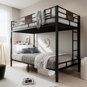 MUTICOR Bunk Beds Metal Twin Size Bunk Beds Frame with Stairs & Full-Length Guardrail, Space-Saving, No Box Spring Needed, Firm, Stable, Easy to Climb, Black