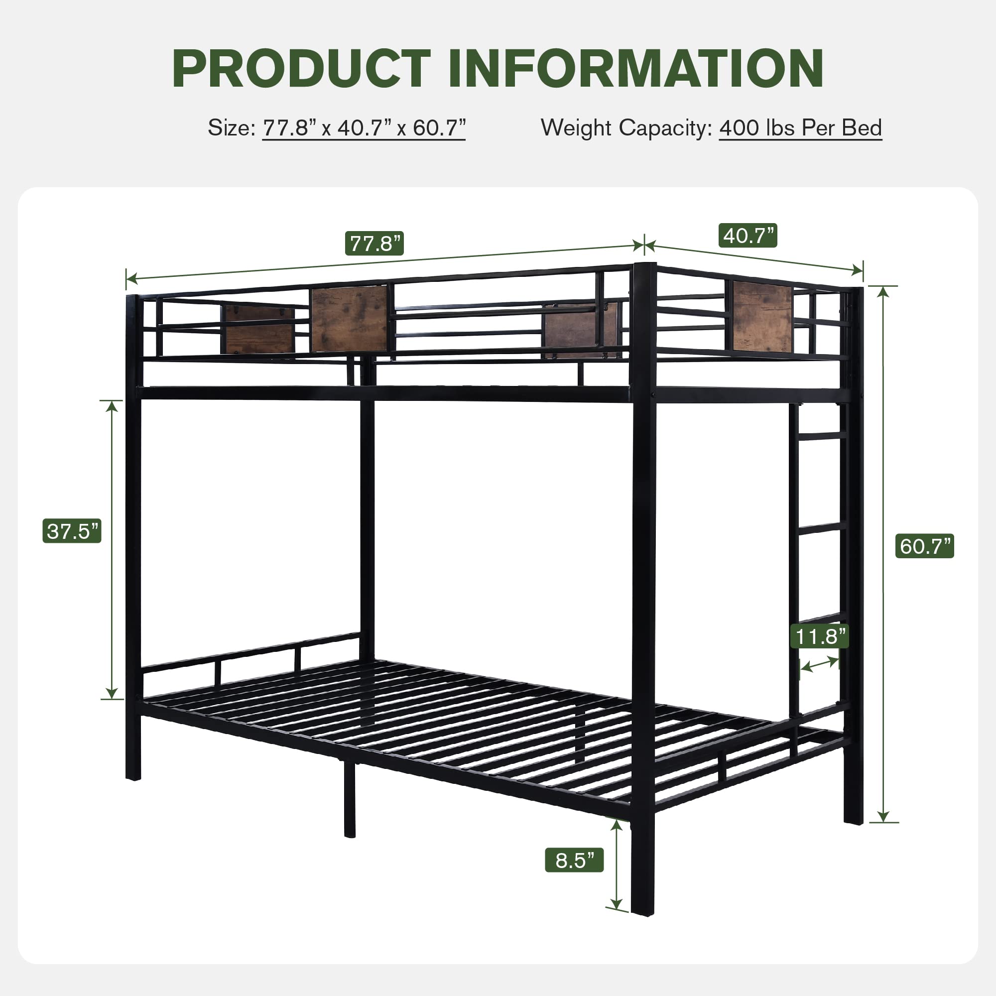 MUTICOR Bunk Beds Metal Twin Size Bunk Beds Frame with Stairs & Full-Length Guardrail, Space-Saving, No Box Spring Needed, Firm, Stable, Easy to Climb, Black