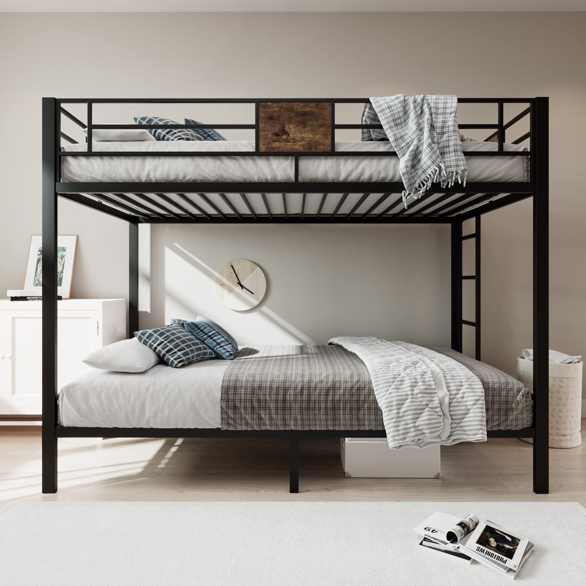 MUTICOR Bunk Beds Metal Twin Size Bunk Beds Frame with Stairs & Full-Length Guardrail, Space-Saving, No Box Spring Needed, Firm, Stable, Easy to Climb, Black