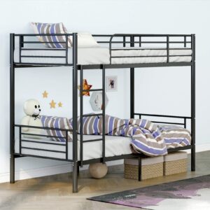 lumelay bunk bed twin over twin, heavy duty twin size metal bunk bed frame with guardrail & ladders, space-saving, noise free, no box spring needed (black)