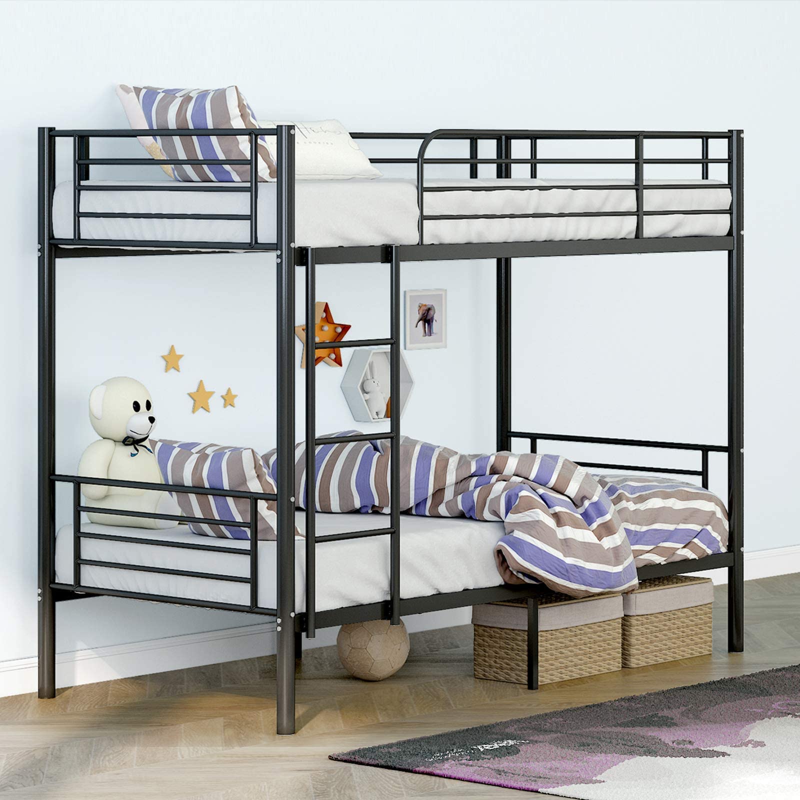 Lumelay Bunk Bed Twin Over Twin, Heavy Duty Twin Size Metal Bunk Bed Frame with Guardrail & Ladders, Space-Saving, Noise Free, No Box Spring Needed (Black)