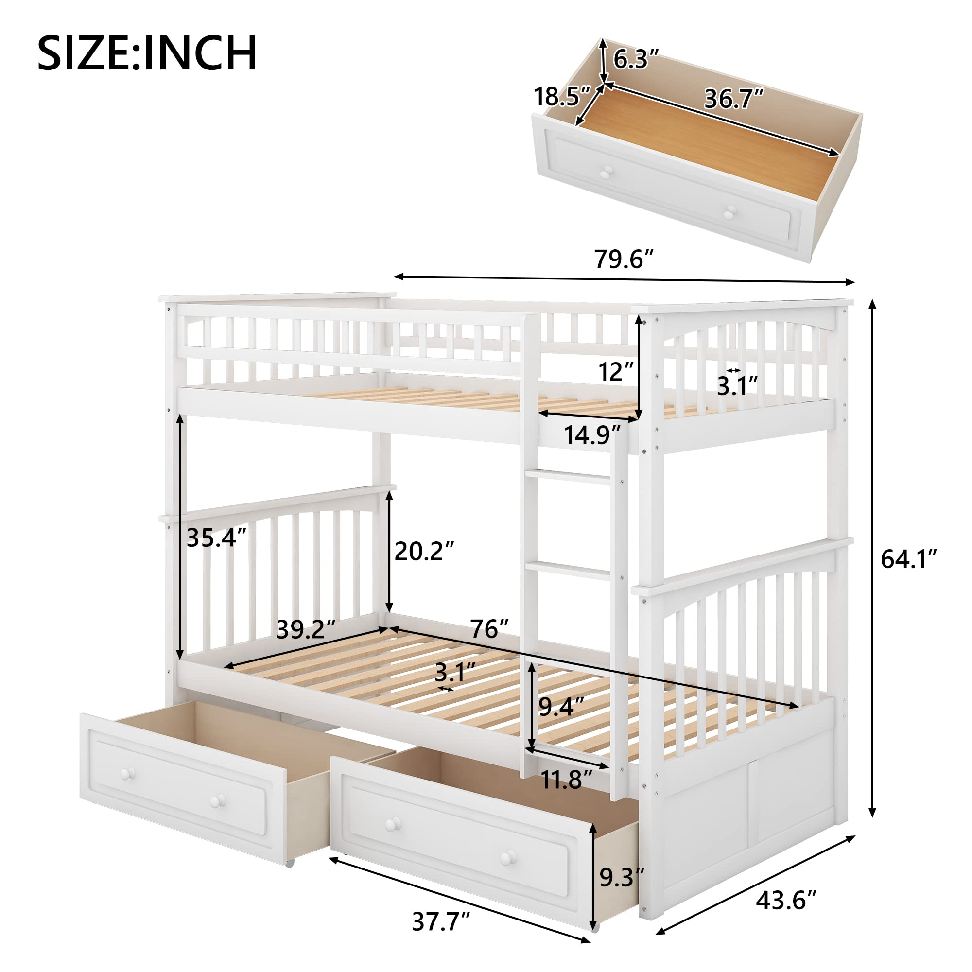 Harper & Bright Convertible Wood Twin-Over-Twin Bunk Bed with Storage Drawers and Ladder - Can Be Divided Into Two Daybeds (White)