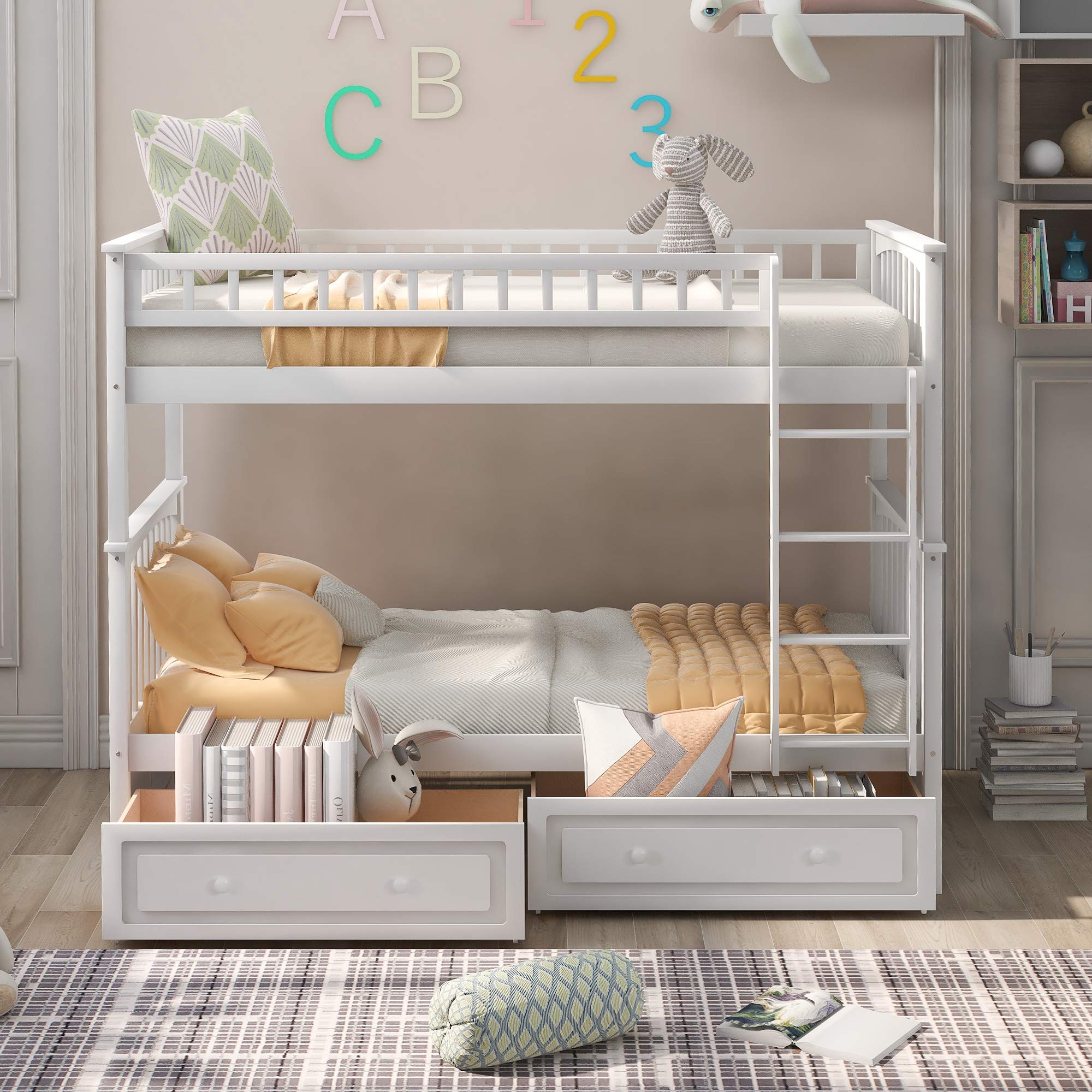 Harper & Bright Convertible Wood Twin-Over-Twin Bunk Bed with Storage Drawers and Ladder - Can Be Divided Into Two Daybeds (White)