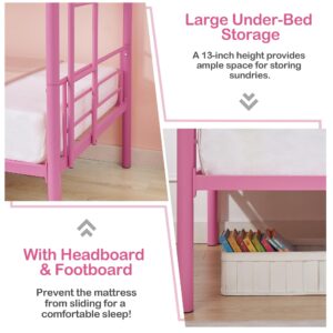 VECELO Metal Bunk Bed Twin Over Twin, Industrial Bunkbeds with Ladder and Full-Length Guardrail, Noise Free, No Boxing Spring Needed, Pink