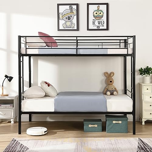 Twin Over Twin Metal Bunk Bed with Trundle Heavy Duty Twin Size Metal Bunk Beds Frame with 2 Side Ladders Convertible Bunkbed with Safety Guard Rails,No Box Spring Needed