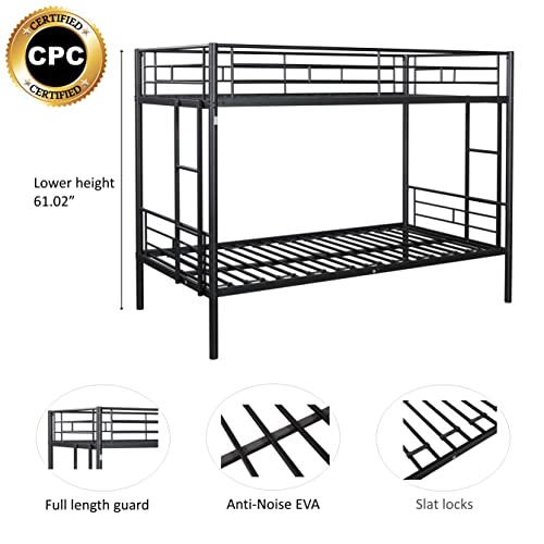 Twin Over Twin Metal Bunk Bed with Trundle Heavy Duty Twin Size Metal Bunk Beds Frame with 2 Side Ladders Convertible Bunkbed with Safety Guard Rails,No Box Spring Needed