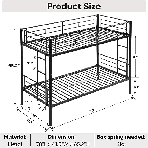 Twin Over Twin Metal Bunk Bed with Trundle Heavy Duty Twin Size Metal Bunk Beds Frame with 2 Side Ladders Convertible Bunkbed with Safety Guard Rails,No Box Spring Needed