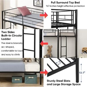 Twin Over Twin Metal Bunk Bed with Trundle Heavy Duty Twin Size Metal Bunk Beds Frame with 2 Side Ladders Convertible Bunkbed with Safety Guard Rails,No Box Spring Needed