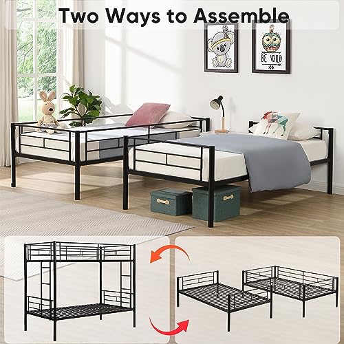 Twin Over Twin Metal Bunk Bed with Trundle Heavy Duty Twin Size Metal Bunk Beds Frame with 2 Side Ladders Convertible Bunkbed with Safety Guard Rails,No Box Spring Needed