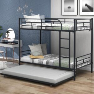 Heavy Duty Metal Bunk Bed Twin Over Twin Bunk Bed with Trundle Bed, Kids Bunk Bed with Ladder and Guardrails, Twin Bunk Beds for Kids, Boys, Girls, Teens, Black Bunk Bed Twin Size