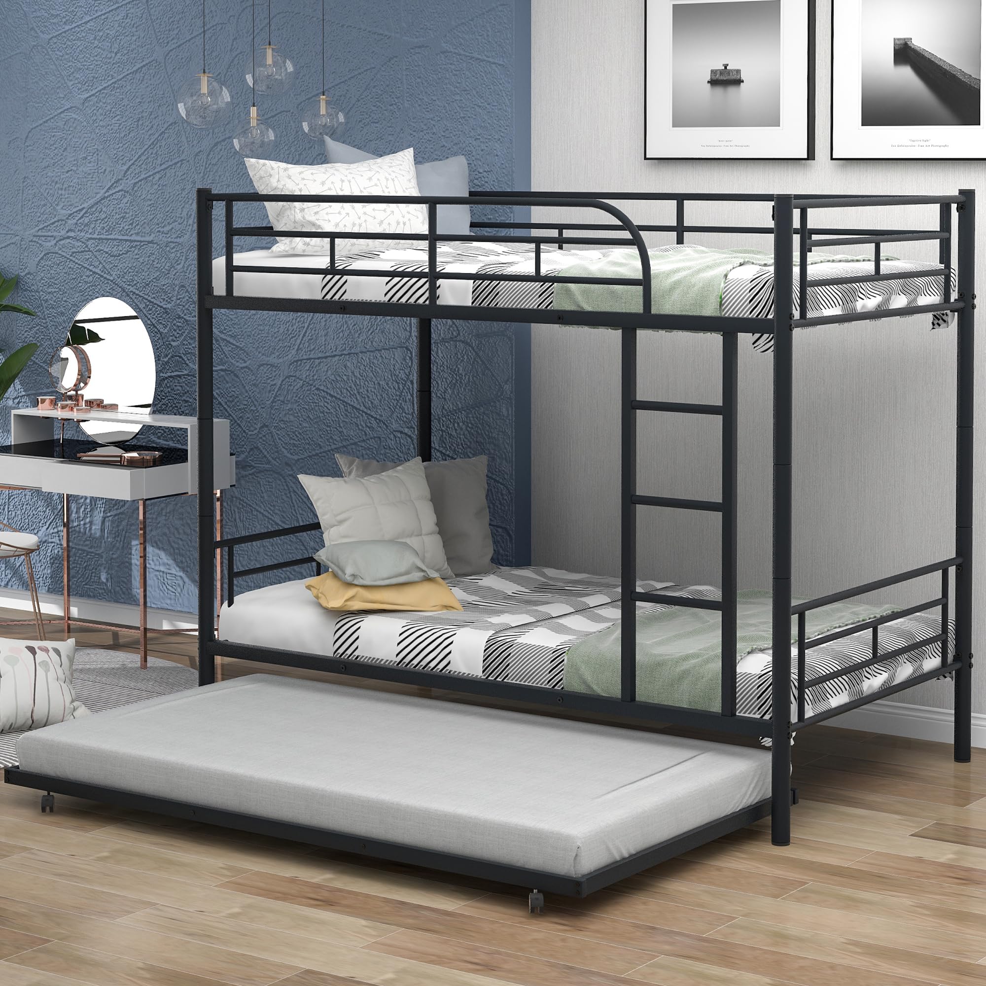 Heavy Duty Metal Bunk Bed Twin Over Twin Bunk Bed with Trundle Bed, Kids Bunk Bed with Ladder and Guardrails, Twin Bunk Beds for Kids, Boys, Girls, Teens, Black Bunk Bed Twin Size