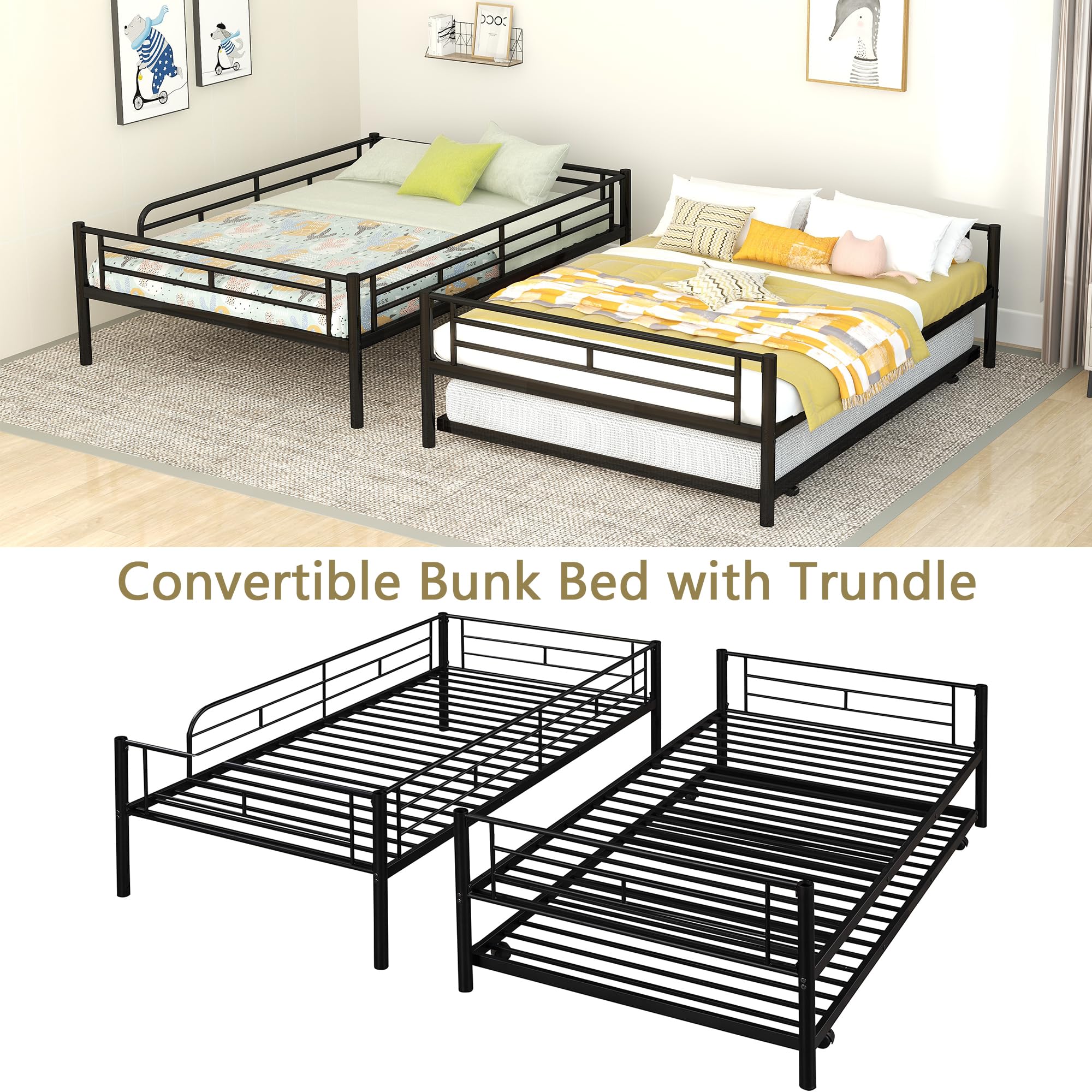 Heavy Duty Metal Bunk Bed Twin Over Twin Bunk Bed with Trundle Bed, Kids Bunk Bed with Ladder and Guardrails, Twin Bunk Beds for Kids, Boys, Girls, Teens, Black Bunk Bed Twin Size