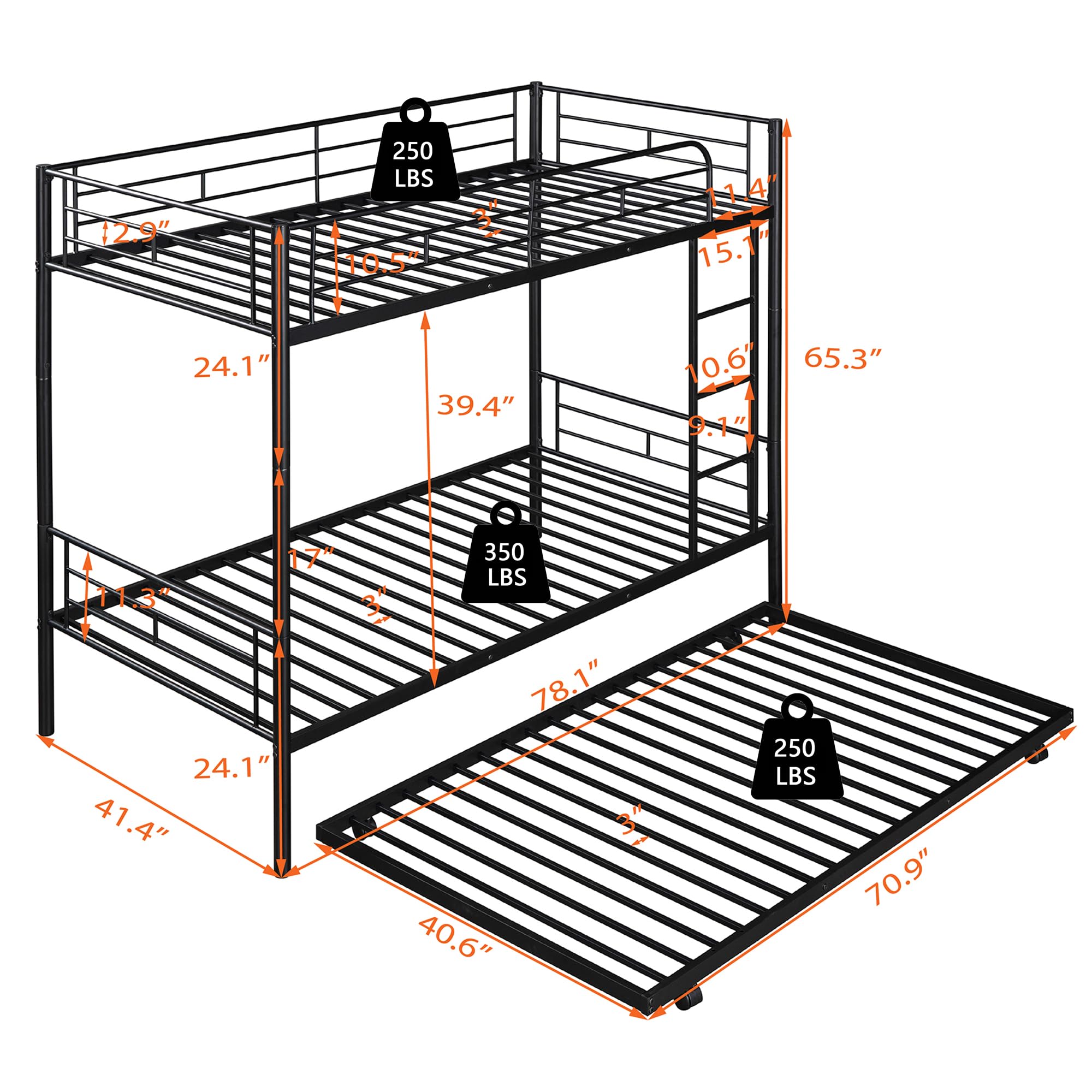 Heavy Duty Metal Bunk Bed Twin Over Twin Bunk Bed with Trundle Bed, Kids Bunk Bed with Ladder and Guardrails, Twin Bunk Beds for Kids, Boys, Girls, Teens, Black Bunk Bed Twin Size