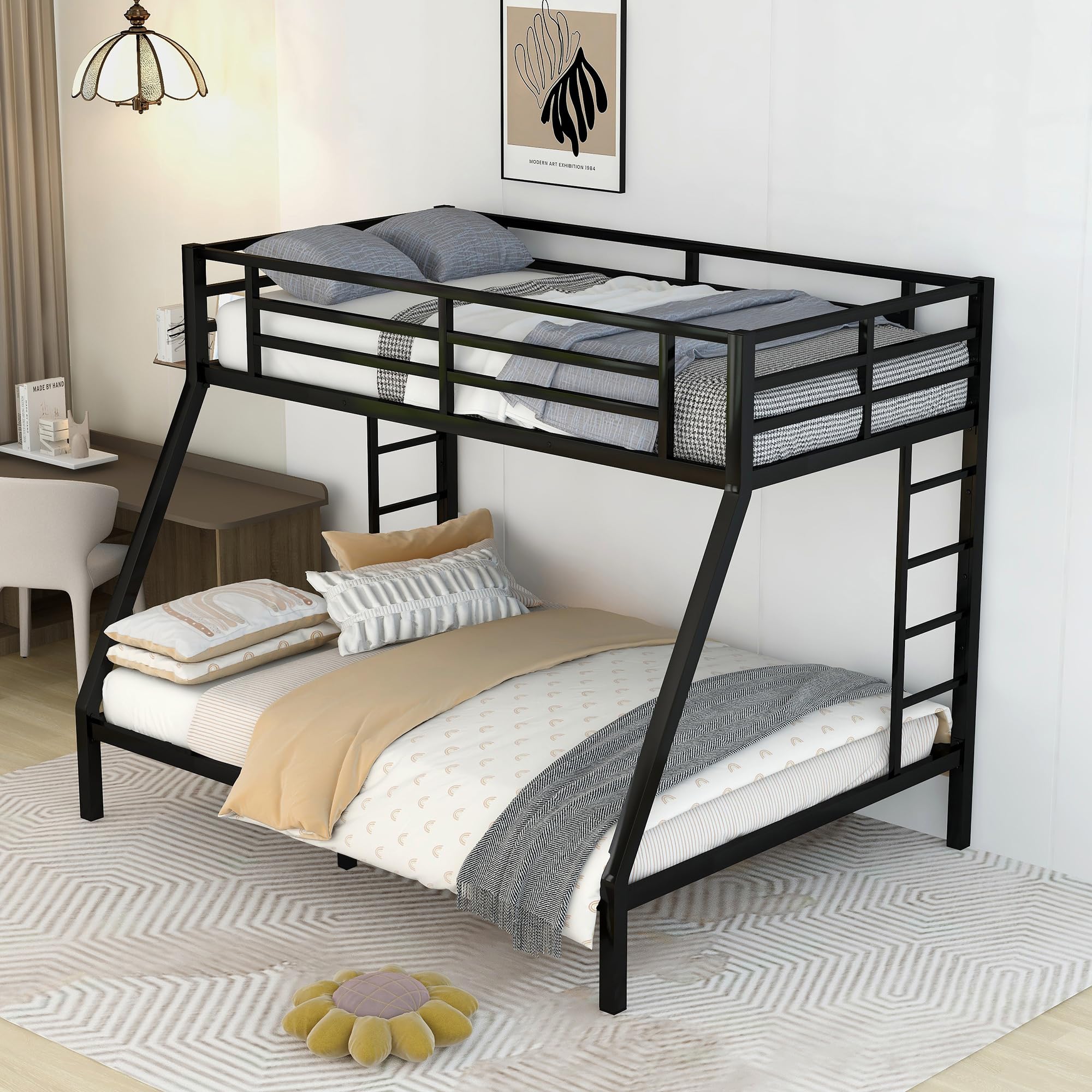 Twin XL Over Queen Bunk Bed for Boys/Girls/Teens/Adults, Heavy-Duty Metal Bunk Beds Frame with 2 Ladders & Full-Length Guardrail, Under Bed Storage Space, Noise Reduced, No Box Spring Needed