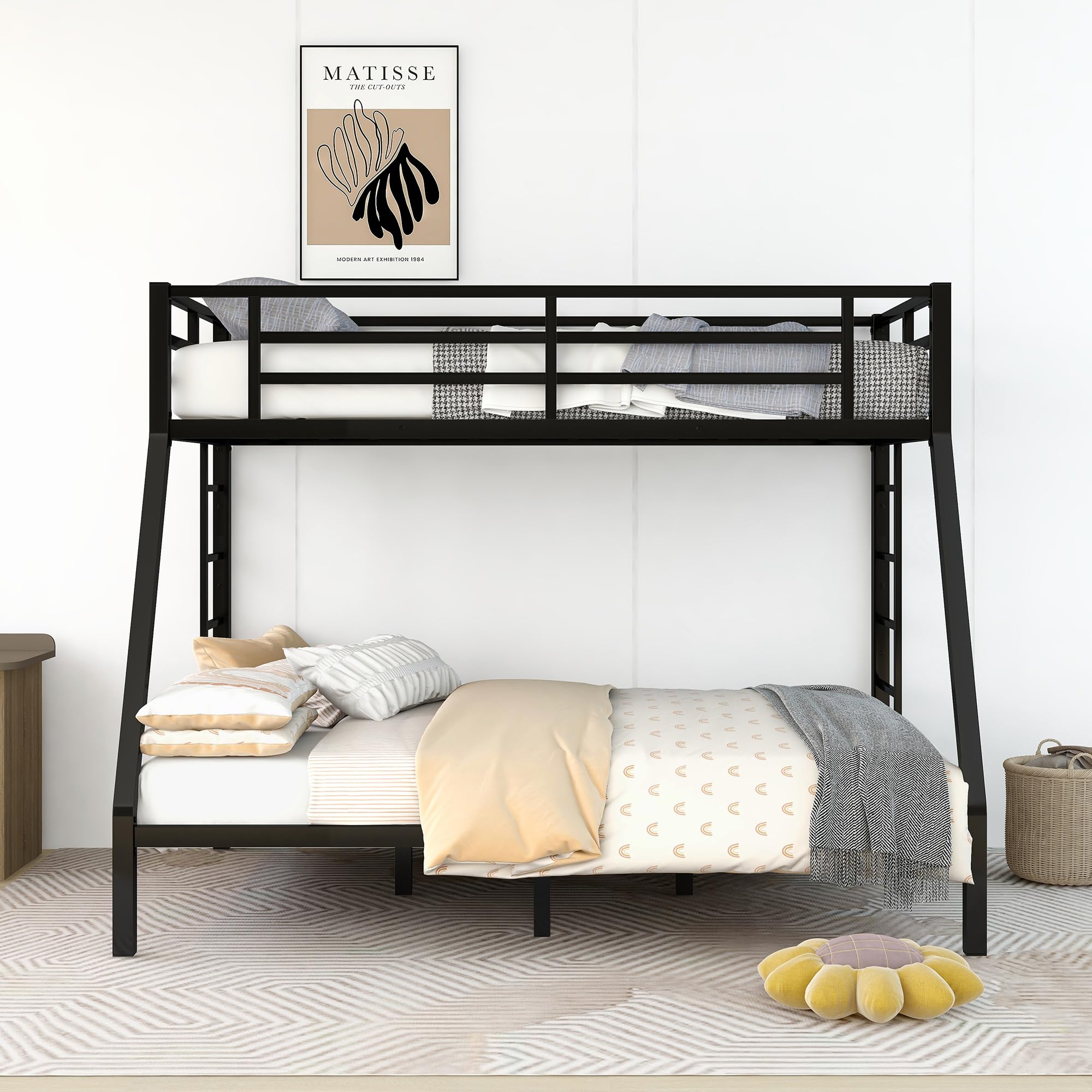 Twin XL Over Queen Bunk Bed for Boys/Girls/Teens/Adults, Heavy-Duty Metal Bunk Beds Frame with 2 Ladders & Full-Length Guardrail, Under Bed Storage Space, Noise Reduced, No Box Spring Needed