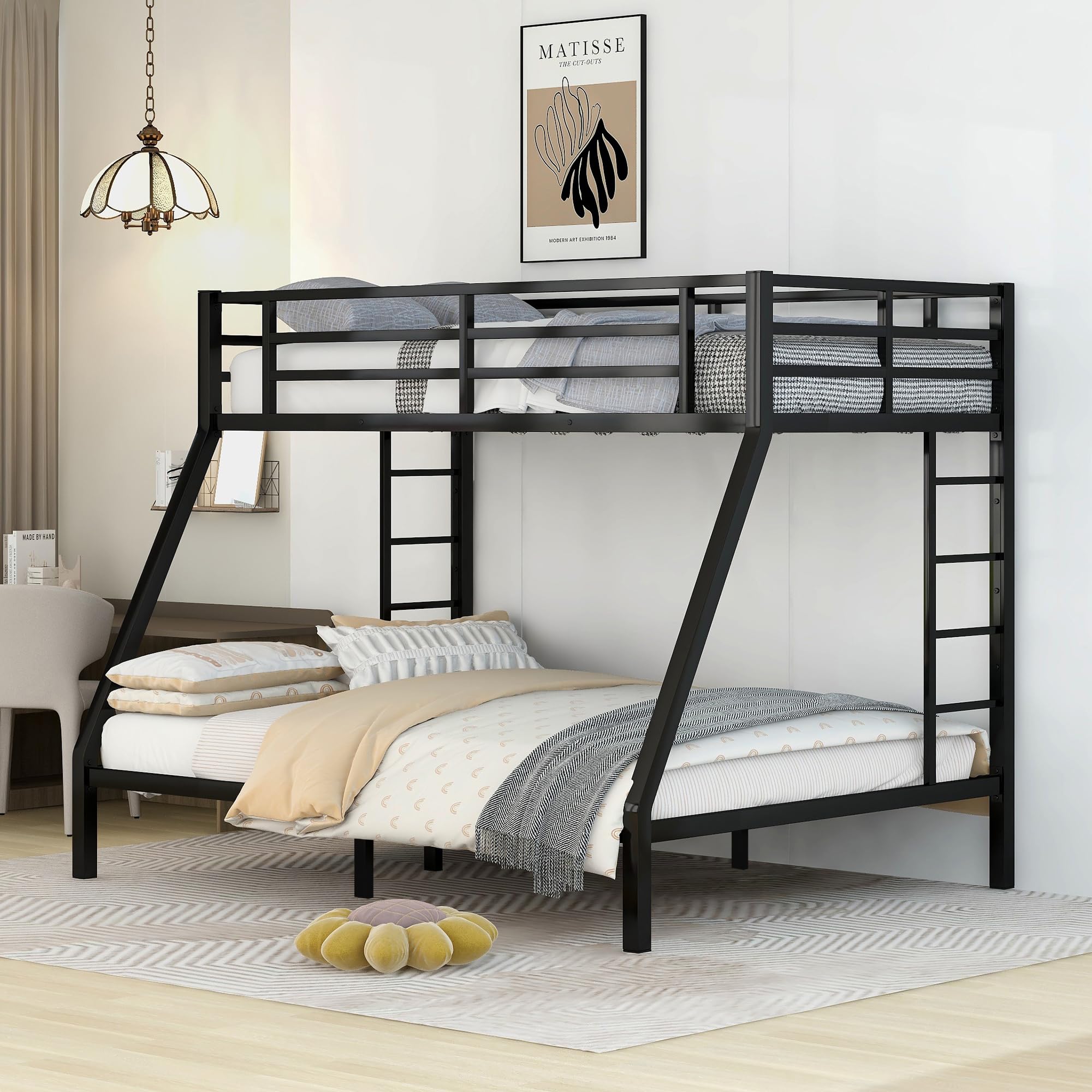 Twin XL Over Queen Bunk Bed for Boys/Girls/Teens/Adults, Heavy-Duty Metal Bunk Beds Frame with 2 Ladders & Full-Length Guardrail, Under Bed Storage Space, Noise Reduced, No Box Spring Needed