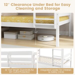 Giantex Bunk Bed Twin Over Twin, Solid Wood Detachable Bed Frame with High Guardrails & Integrated Ladder, Wooden Slatted Bunk Bed for Kids & Teens, No Box Spring Needed, White