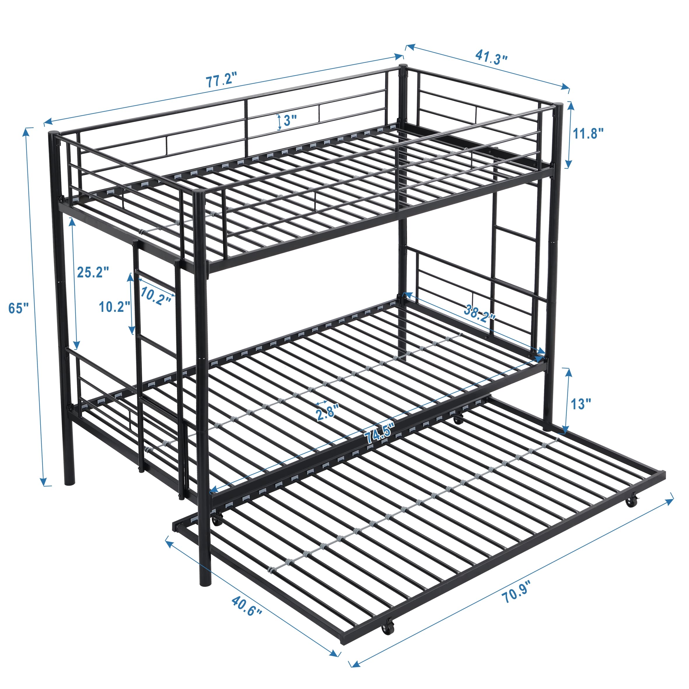 EMKK Twin Over Twin Metal Bunk Bed with Trundle Heavy Duty Bunk Beds Frame with 2 Side Ladders Convertible Bunkbed with Safety Guard Rails,Triple Metal Bunk Bed Frame, No Box Spring Needed