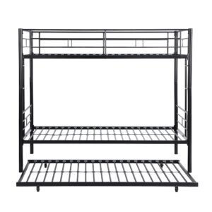 EMKK Twin Over Twin Metal Bunk Bed with Trundle Heavy Duty Bunk Beds Frame with 2 Side Ladders Convertible Bunkbed with Safety Guard Rails,Triple Metal Bunk Bed Frame, No Box Spring Needed