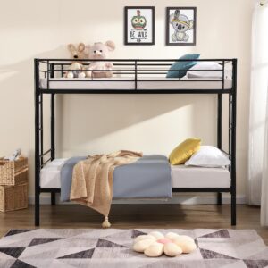 EMKK Twin Over Twin Metal Bunk Bed with Trundle Heavy Duty Bunk Beds Frame with 2 Side Ladders Convertible Bunkbed with Safety Guard Rails,Triple Metal Bunk Bed Frame, No Box Spring Needed