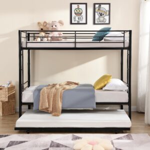 EMKK Twin Over Twin Metal Bunk Bed with Trundle Heavy Duty Bunk Beds Frame with 2 Side Ladders Convertible Bunkbed with Safety Guard Rails,Triple Metal Bunk Bed Frame, No Box Spring Needed