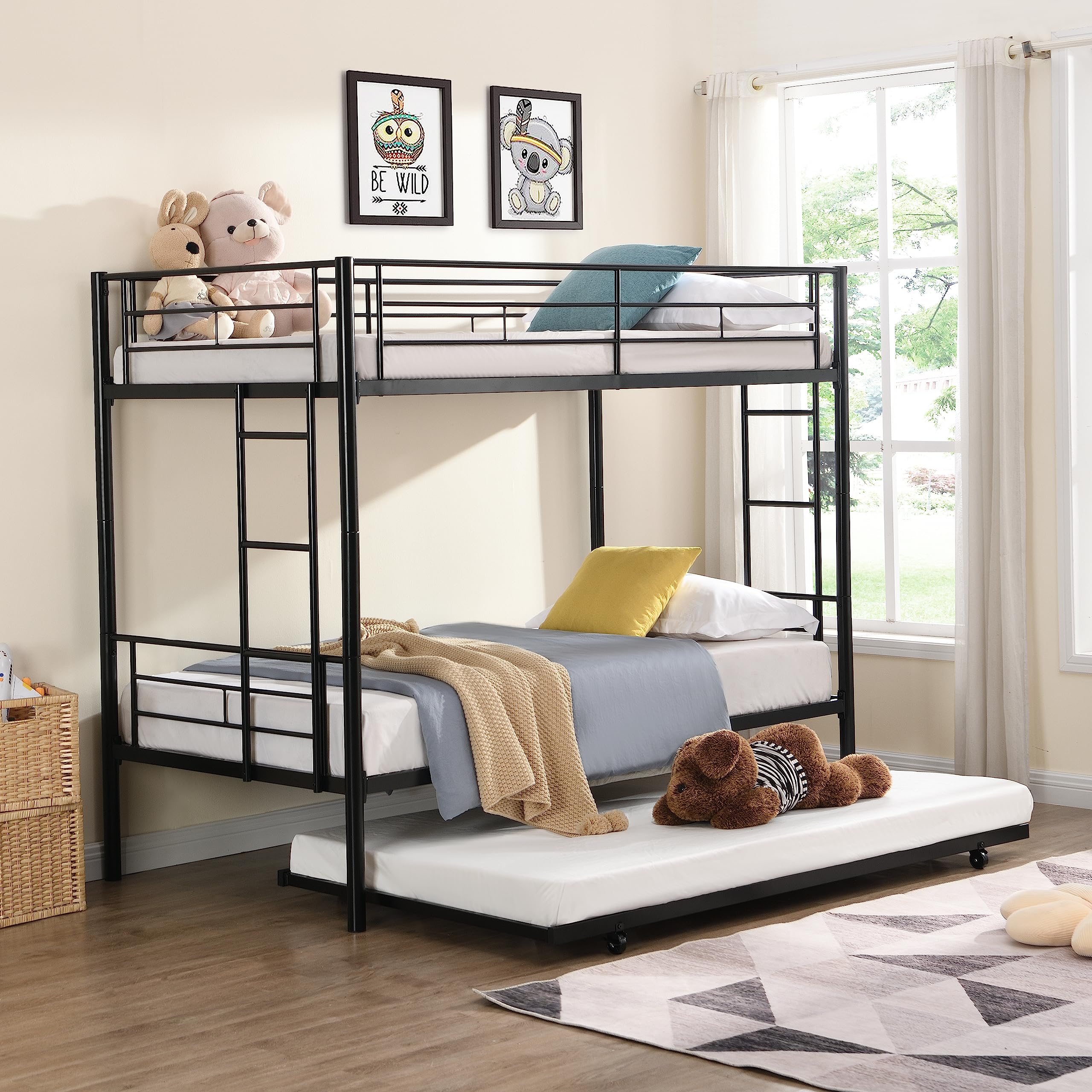 EMKK Twin Over Twin Metal Bunk Bed with Trundle Heavy Duty Bunk Beds Frame with 2 Side Ladders Convertible Bunkbed with Safety Guard Rails,Triple Metal Bunk Bed Frame, No Box Spring Needed