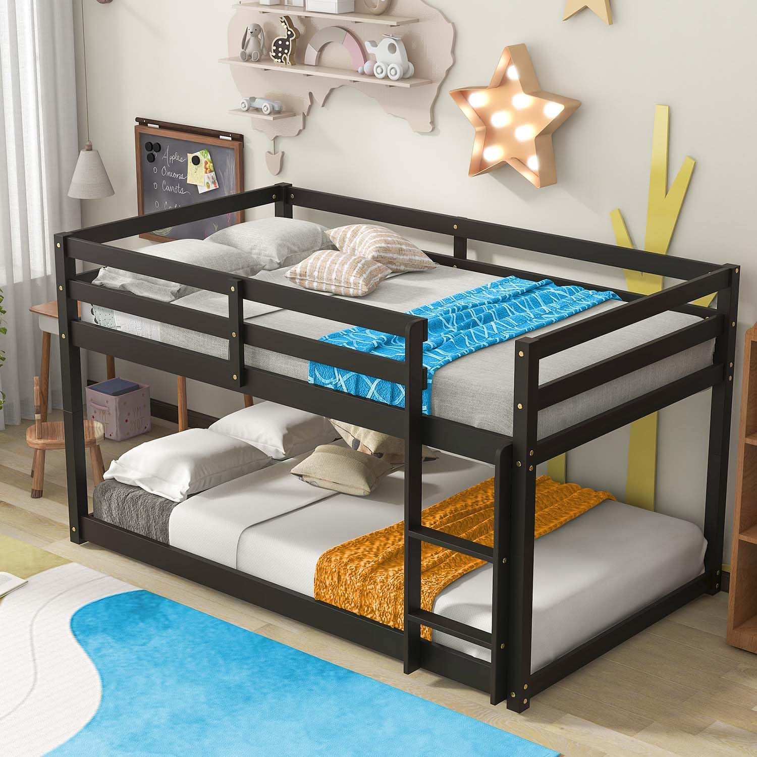 Anwick Twin Over Twin Low Bunk Bed with Stairs and Rails, Wooden Bunk Beds Frame with Safety Guardrail and Slats for Toddlers, Kids, Teens, Boys, Girls, Noise-Free (White) (Black)