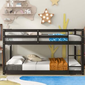 Anwick Twin Over Twin Low Bunk Bed with Stairs and Rails, Wooden Bunk Beds Frame with Safety Guardrail and Slats for Toddlers, Kids, Teens, Boys, Girls, Noise-Free (White) (Black)