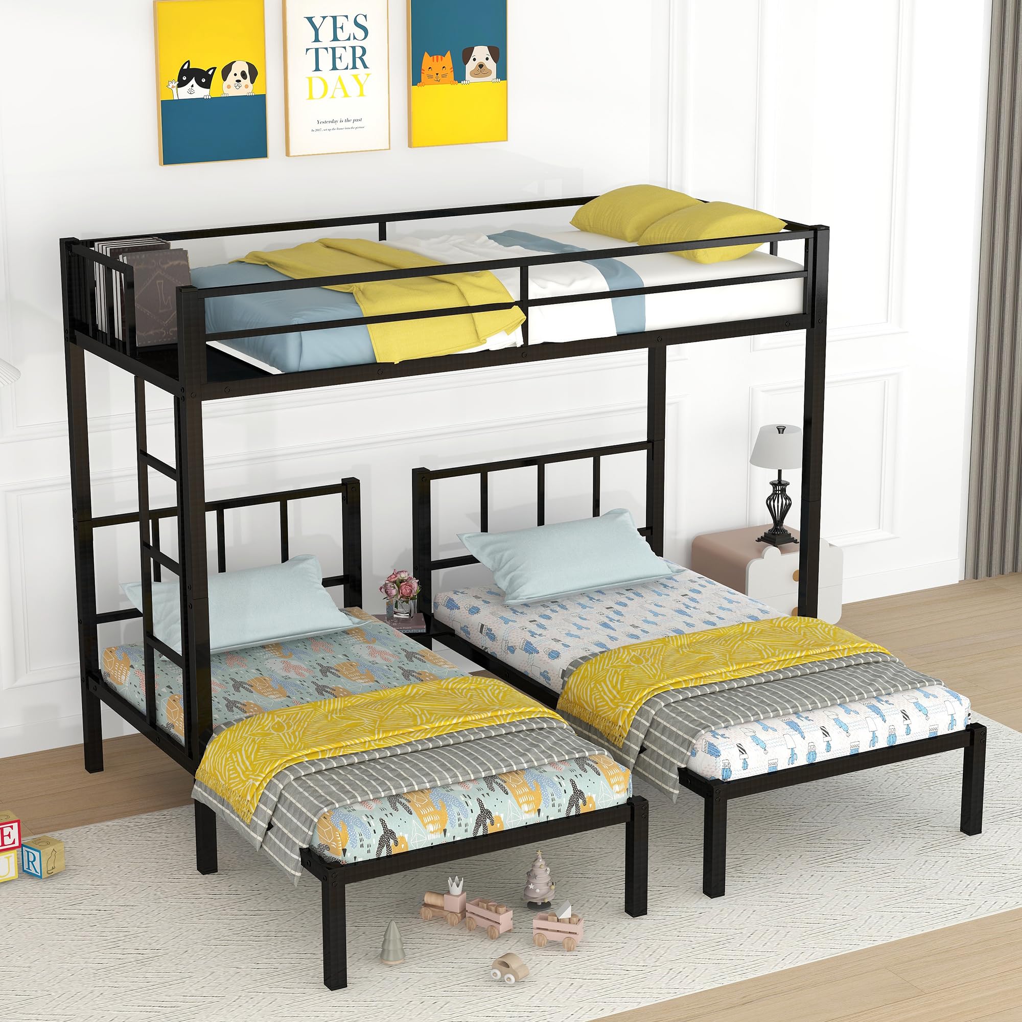 Bellemave Metal Triple Bunk Bed for 3, Twin over Twin&Twin Size Bunk Bed with Built-in Shelf, Can be divided into 3 Separate Beds, for Kids Teens Adults (Black)