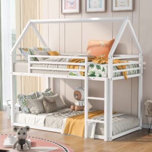 Lifeand Twin over Twin House Bunk Bed with Built-in Ladder,White