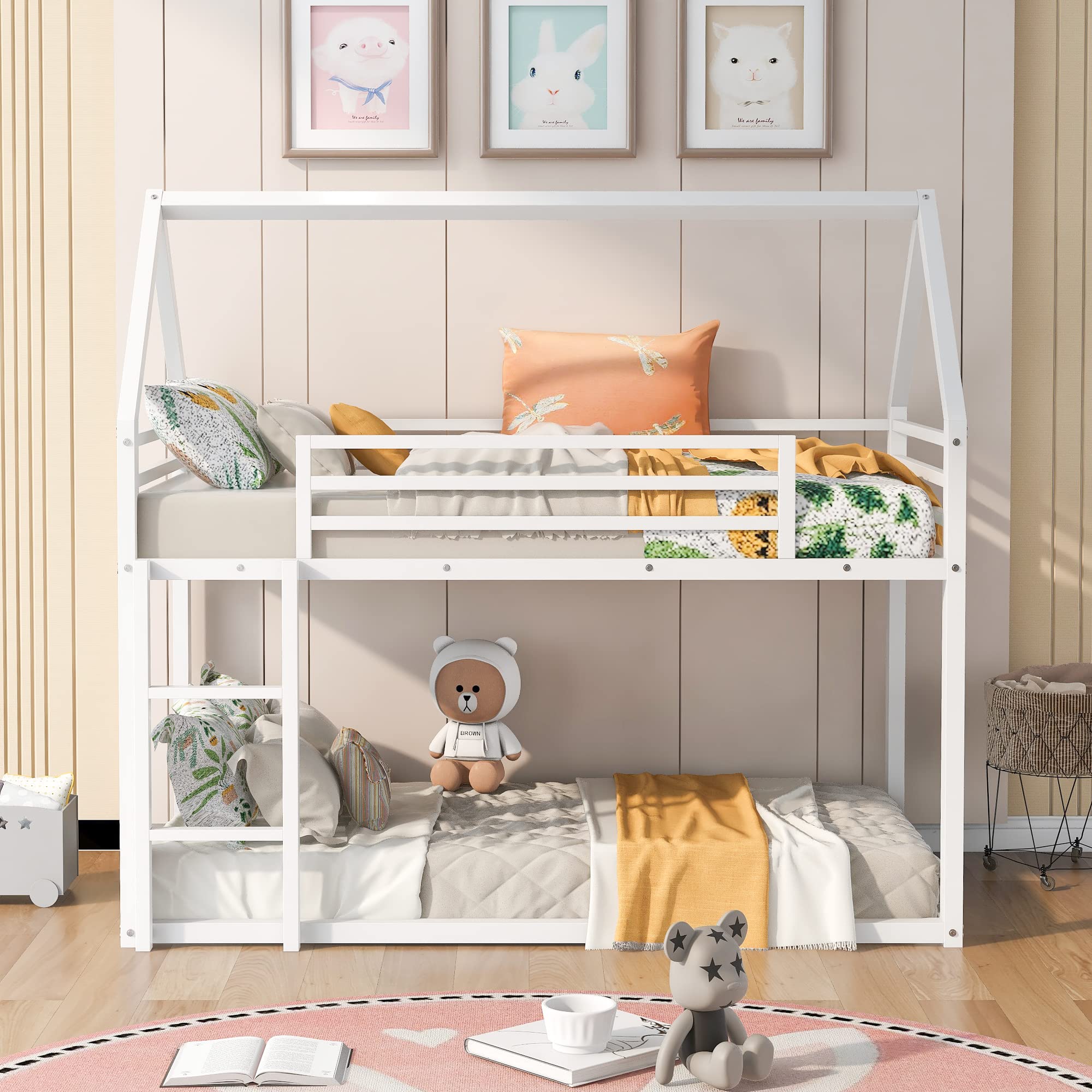 Lifeand Twin over Twin House Bunk Bed with Built-in Ladder,White