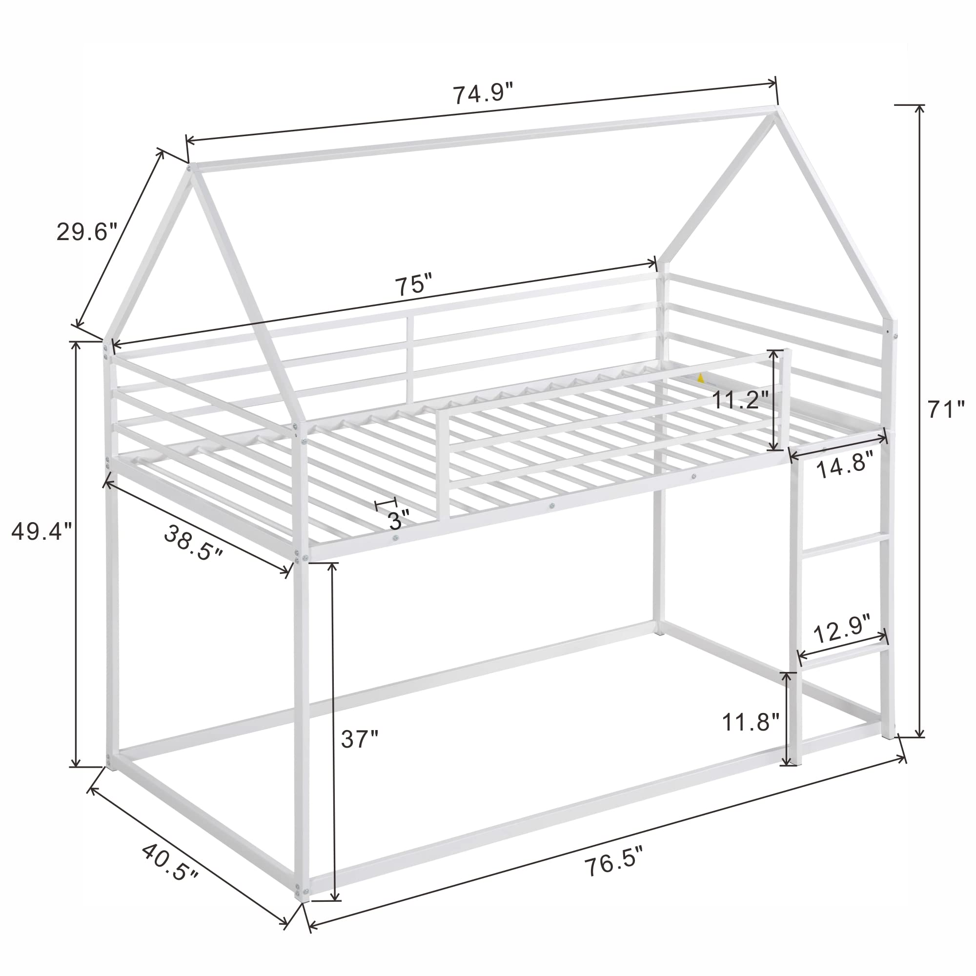 Lifeand Twin over Twin House Bunk Bed with Built-in Ladder,White