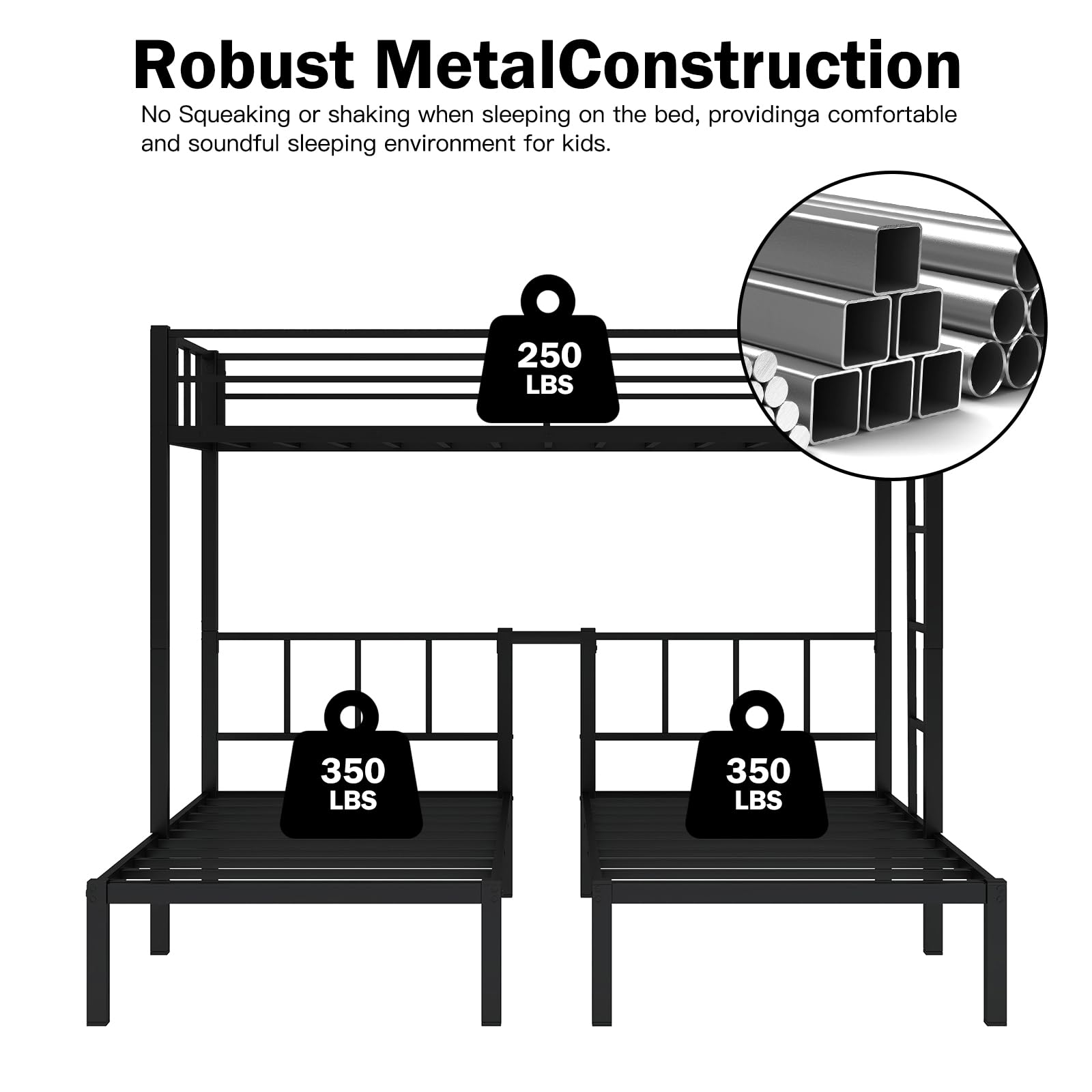 Triple Bunk Beds with Built-in Ladder, Twin Size Metal Bunkbeds w/Ladders and Full-Length Guardrails for Kids, Boys, Girls, Teens, Divided into 3 Separate Beds