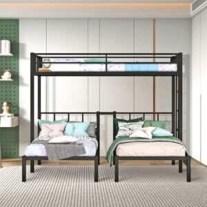 Triple Bunk Beds with Built-in Ladder, Twin Size Metal Bunkbeds w/Ladders and Full-Length Guardrails for Kids, Boys, Girls, Teens, Divided into 3 Separate Beds