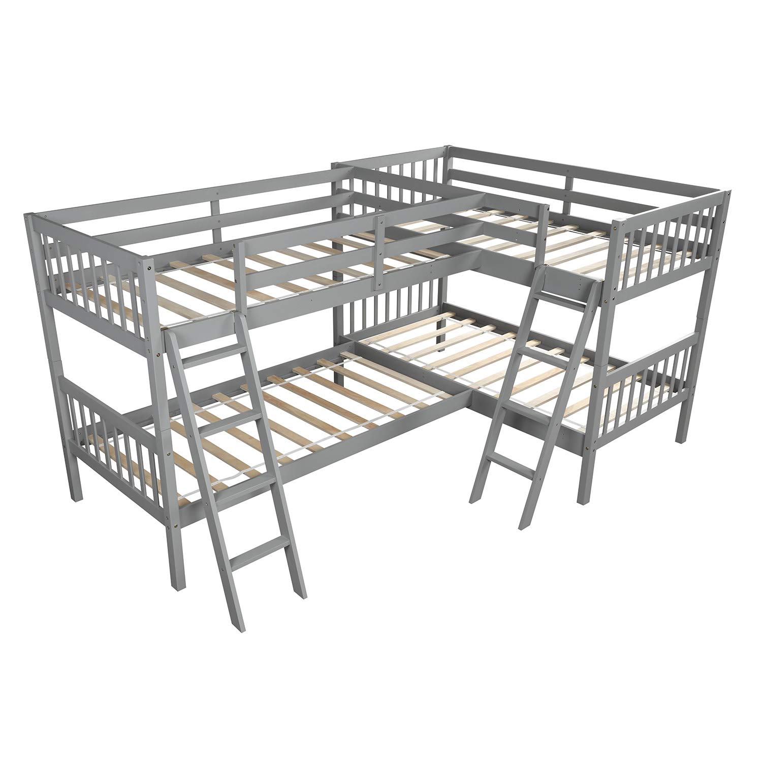 Harper & Bright Designs L-Shaped Twin Size Bunk Bed and Loft Bed, Solid Wood Twin Bunk Bed Loft Bed with Guardrail and Two Ladders for 4 Person (Grey)