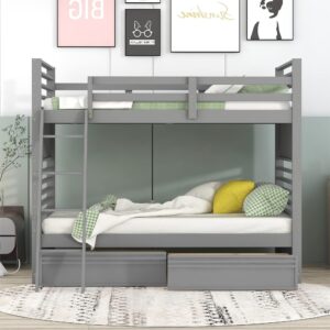 biadnbz solid wood twin over twin bunk bed with two drawers can be separated into two bedframe for kids/teens/adults bedroom,gray