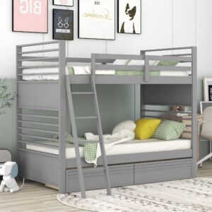 BIADNBZ Solid Wood Twin Over Twin Bunk Bed with Two Drawers Can Be Separated into Two Bedframe for Kids/Teens/Adults Bedroom,Gray