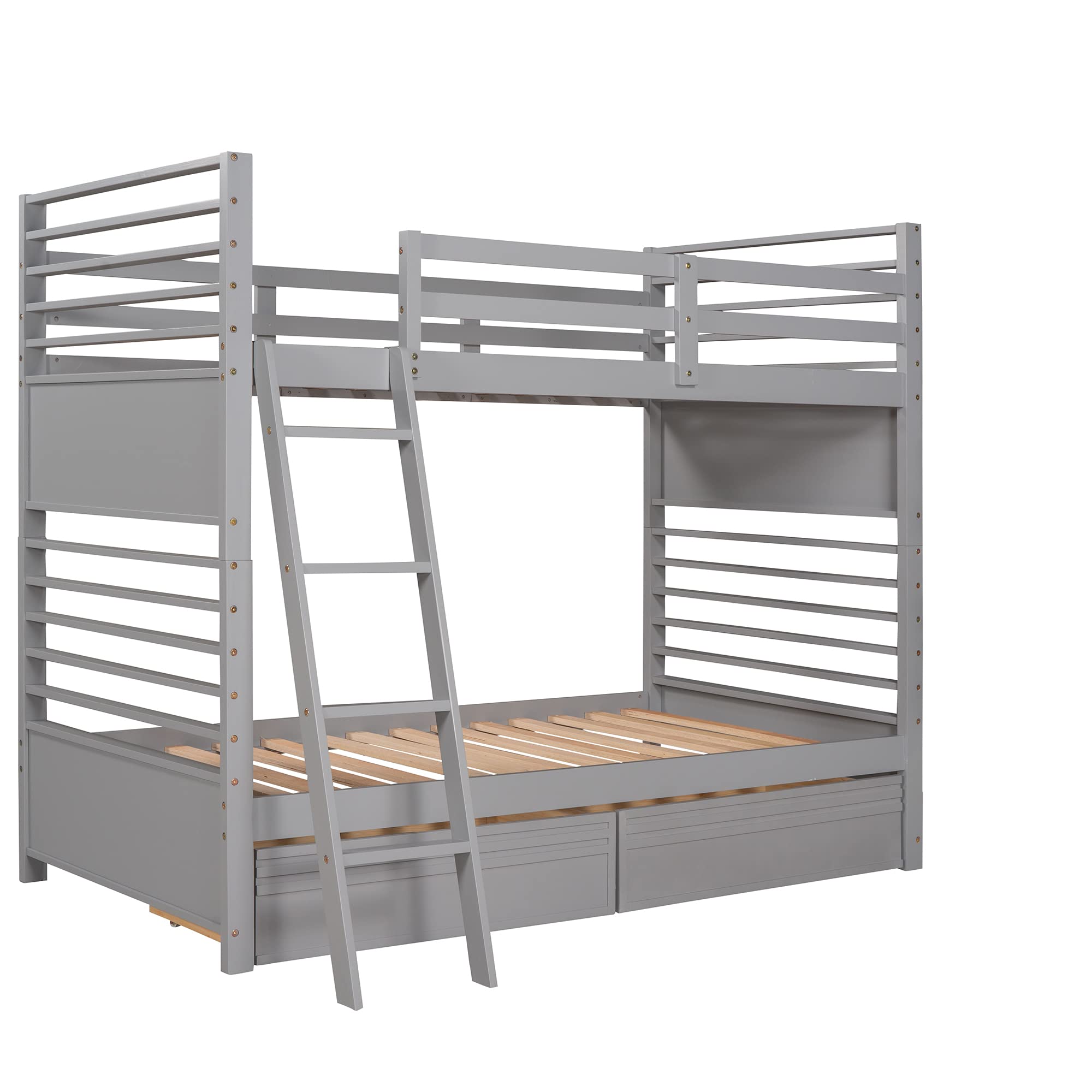 BIADNBZ Solid Wood Twin Over Twin Bunk Bed with Two Drawers Can Be Separated into Two Bedframe for Kids/Teens/Adults Bedroom,Gray