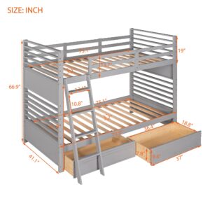 BIADNBZ Solid Wood Twin Over Twin Bunk Bed with Two Drawers Can Be Separated into Two Bedframe for Kids/Teens/Adults Bedroom,Gray