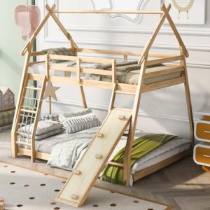 Merax Twin over Queen House Bunk Bed Solid Wood Frame with Climbing Nets and Climbing Ramp for Boys Girls and Teens,Natural